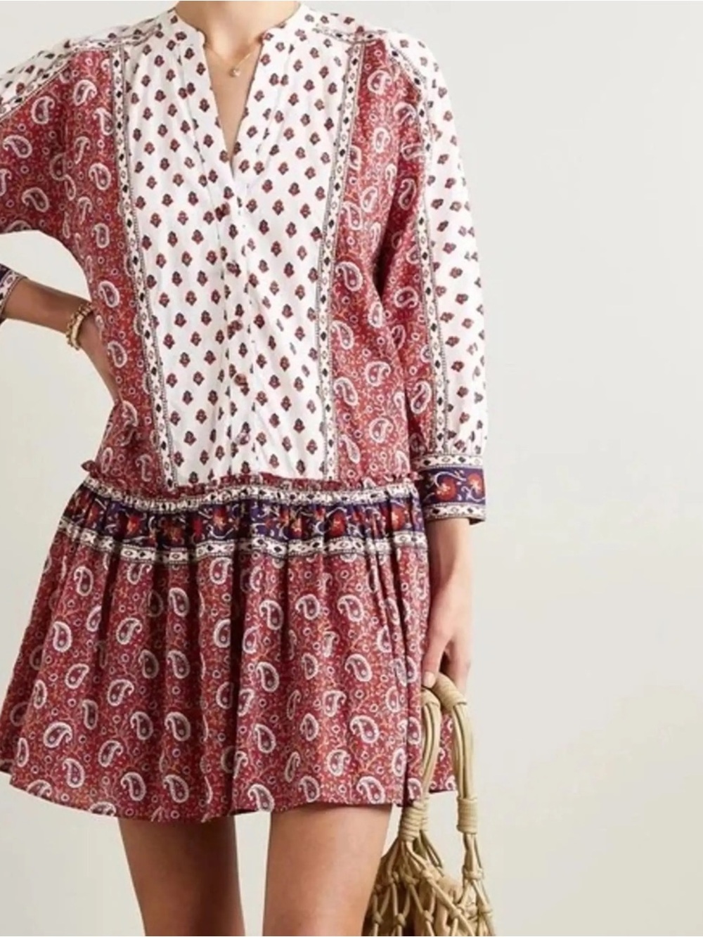 Veronica Beard Jesila Dress Paisley Floral Patchwork 100% Cotton Beach Travel S